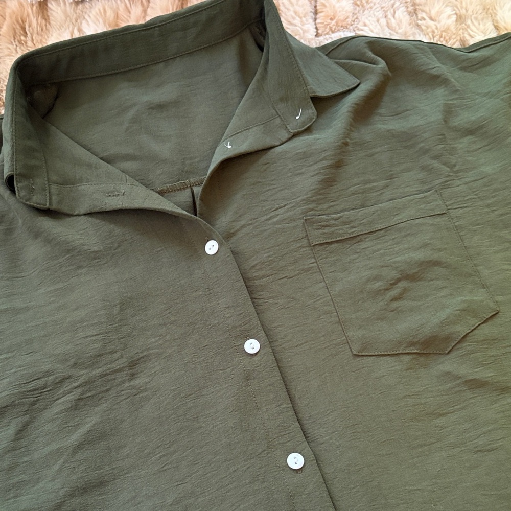 Olive Green Women's Button-Up Top - Picture 2 of 3
